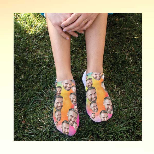 custom printed photo face socks with a rainbow background is just one color option for these fun and original no show socks. Just upload your favorite photo of a person or pet and we'll create a pair of fun photos socks just for you.