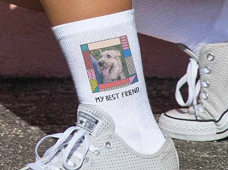 Create your own fun personalized socks with a photo and add your own text under the photo too.