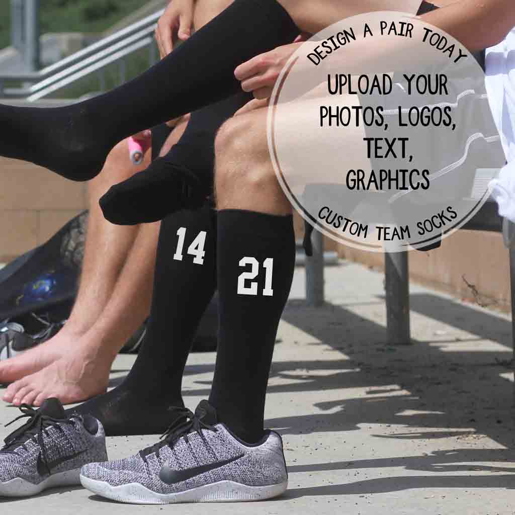 Sport knee high socks work by soccer players personalized with their player number. Available in sizes medium and large.
