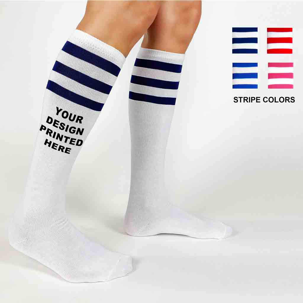 Custom printed striped knee-high socks shown how to  personalize with a design on the calf area—ideal for team sports, spirit wear, or custom branding.