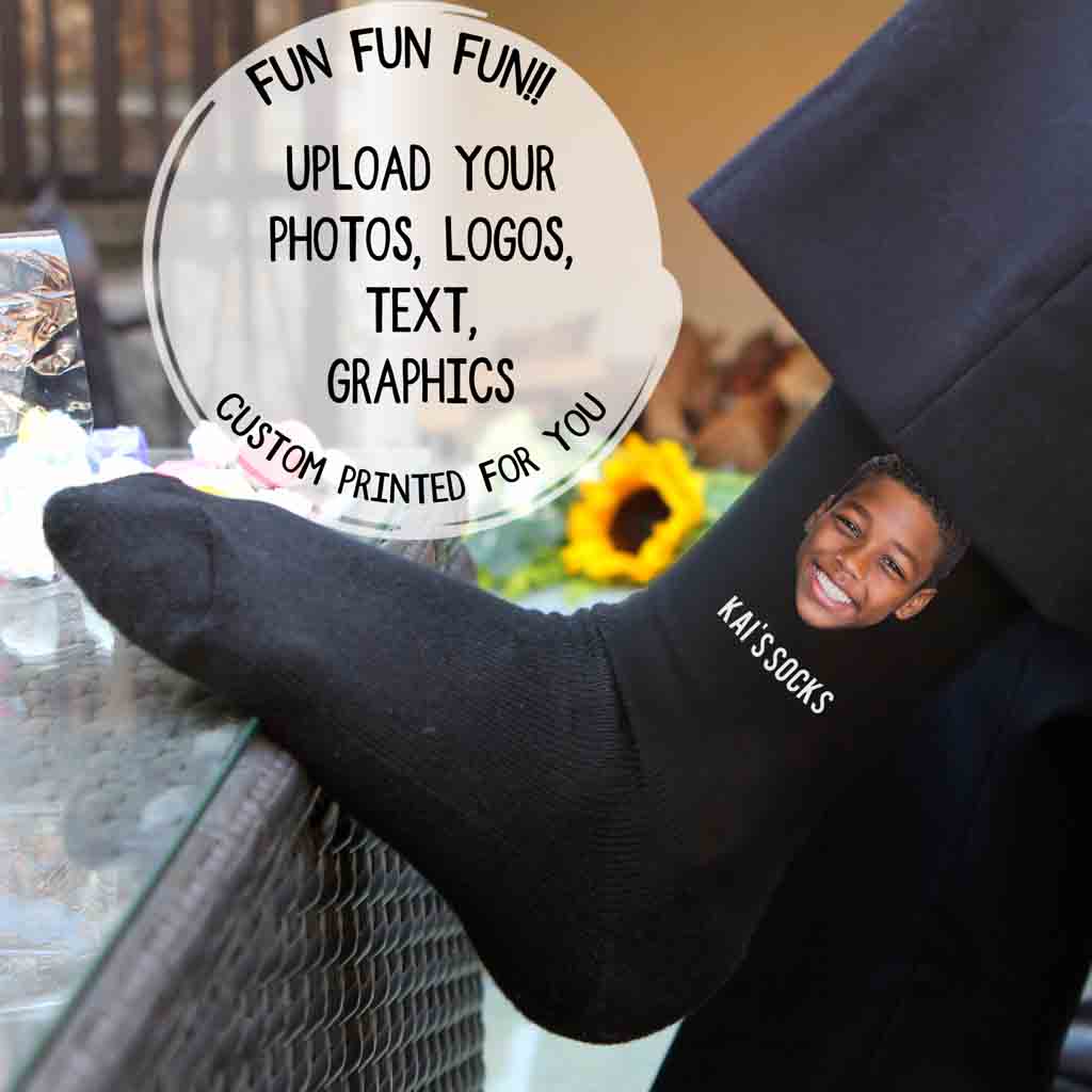ustom navy flat knit dress socks in youth size small—ideal for weddings, ring bearers, and special occasions. Personalize with names, logos, or messages at sockprints.com.