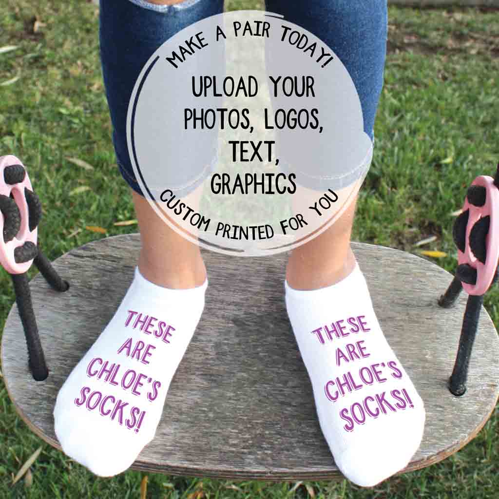 Size small customizable no show socks for youth shown in white with a printed design—ideal for adding names, logos, or artwork; perfect for personalized gifts or team gear.