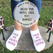 Size small customizable no show socks for youth shown in white with a printed design—ideal for adding names, logos, or artwork; perfect for personalized gifts or team gear.