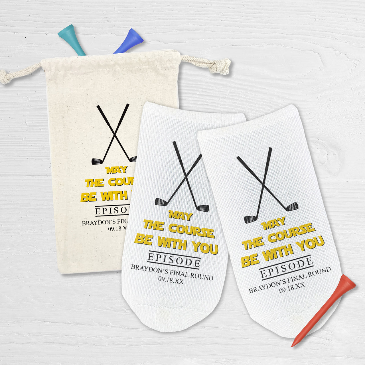 May The Course Be With You Personalized Bachelor Party Golf Sock Gift Set