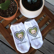 White cotton no show socks custom printed heart frame design personalized with your own photo and text.