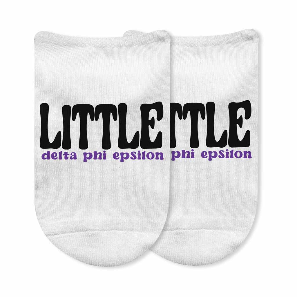 Fun Delta Phi Epsilon big and little sorority socks custom printed design on the top of the white cotton no show socks.