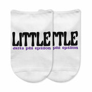 Fun Delta Phi Epsilon big and little sorority socks custom printed design on the top of the white cotton no show socks.