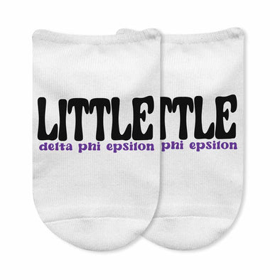 Fun Delta Phi Epsilon big and little sorority socks custom printed design on the top of the white cotton no show socks.