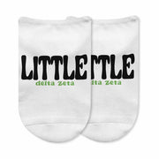Delta Zeta big and little design custom printed on the top of comfy white cotton no show socks.