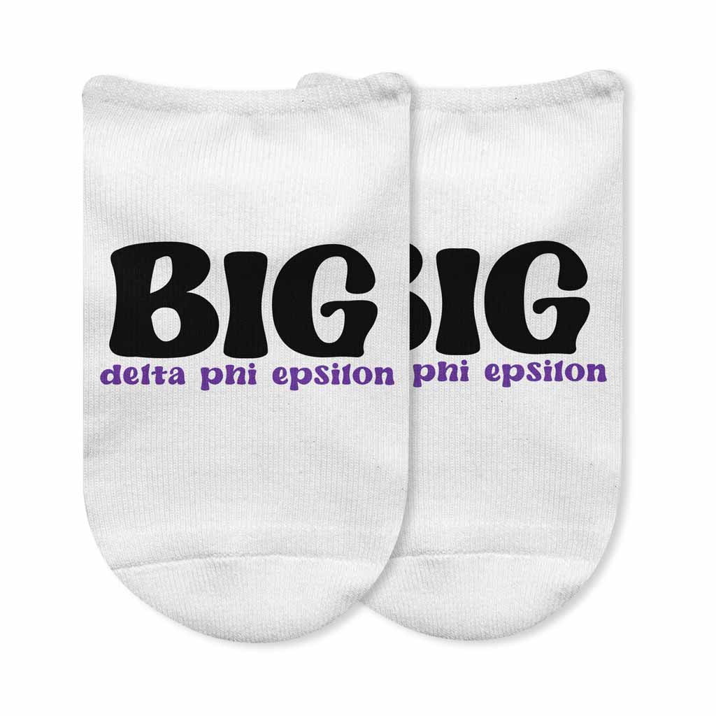 Fun Delta Phi Epsilon big and little sorority socks custom printed design on the top of the white cotton no show socks.
