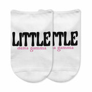 Delta Gamma sorority name big and little design custom printed on comfy white cotton no show socks.