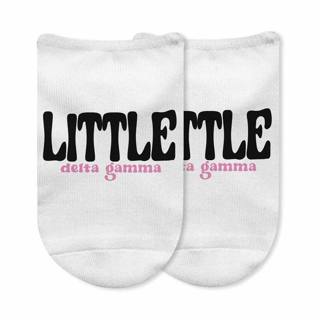 Delta Gamma sorority name big and little design custom printed on comfy white cotton no show socks.