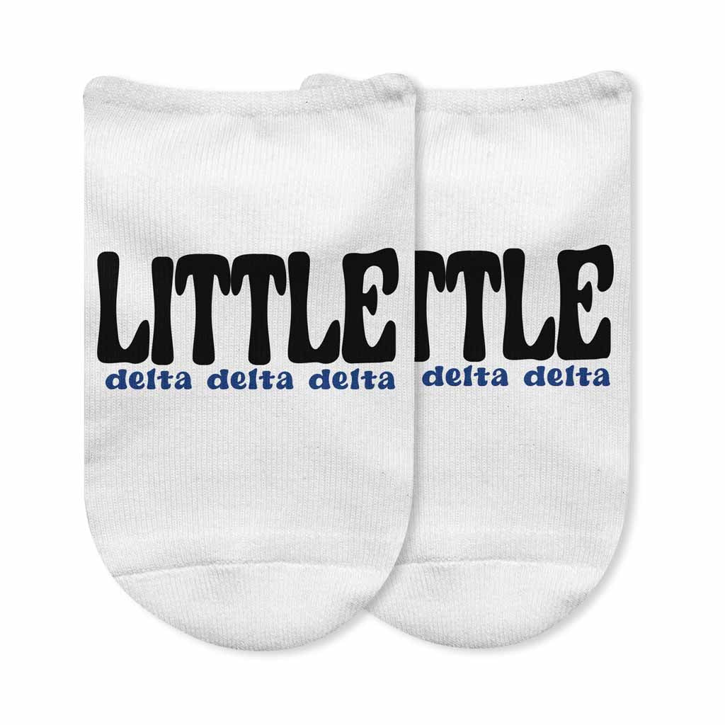 Fun Delta Delta Delta big and little design custom printed on the top of comfy white cotton no show socks.