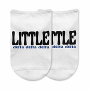 Fun Delta Delta Delta big and little design custom printed on the top of comfy white cotton no show socks.