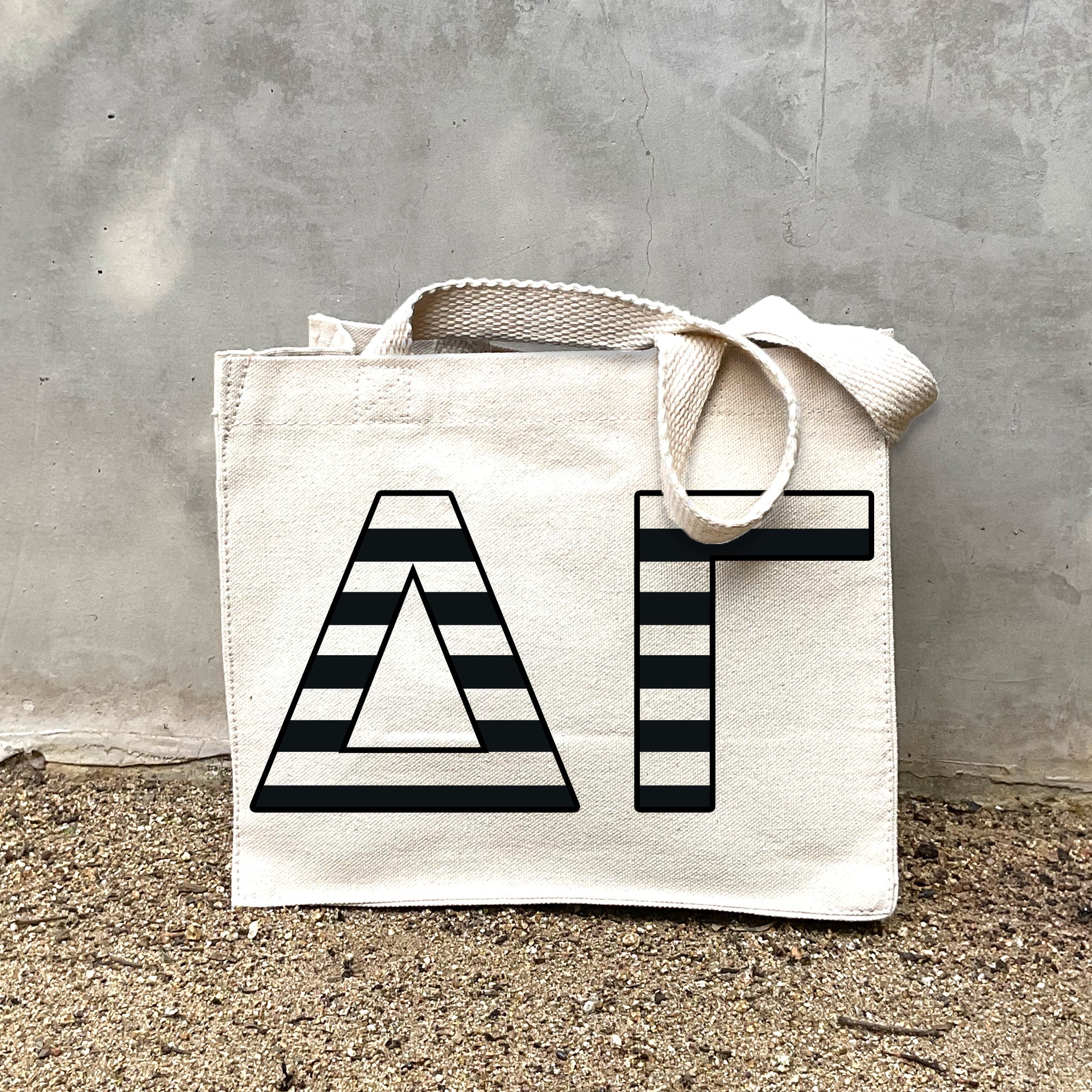 DG Black Stripe Tote in front of a gray wall