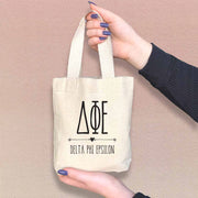Delta Phi Epsilon sorority name boho design digitally printed on the perfect mini size natural canvas tote bag