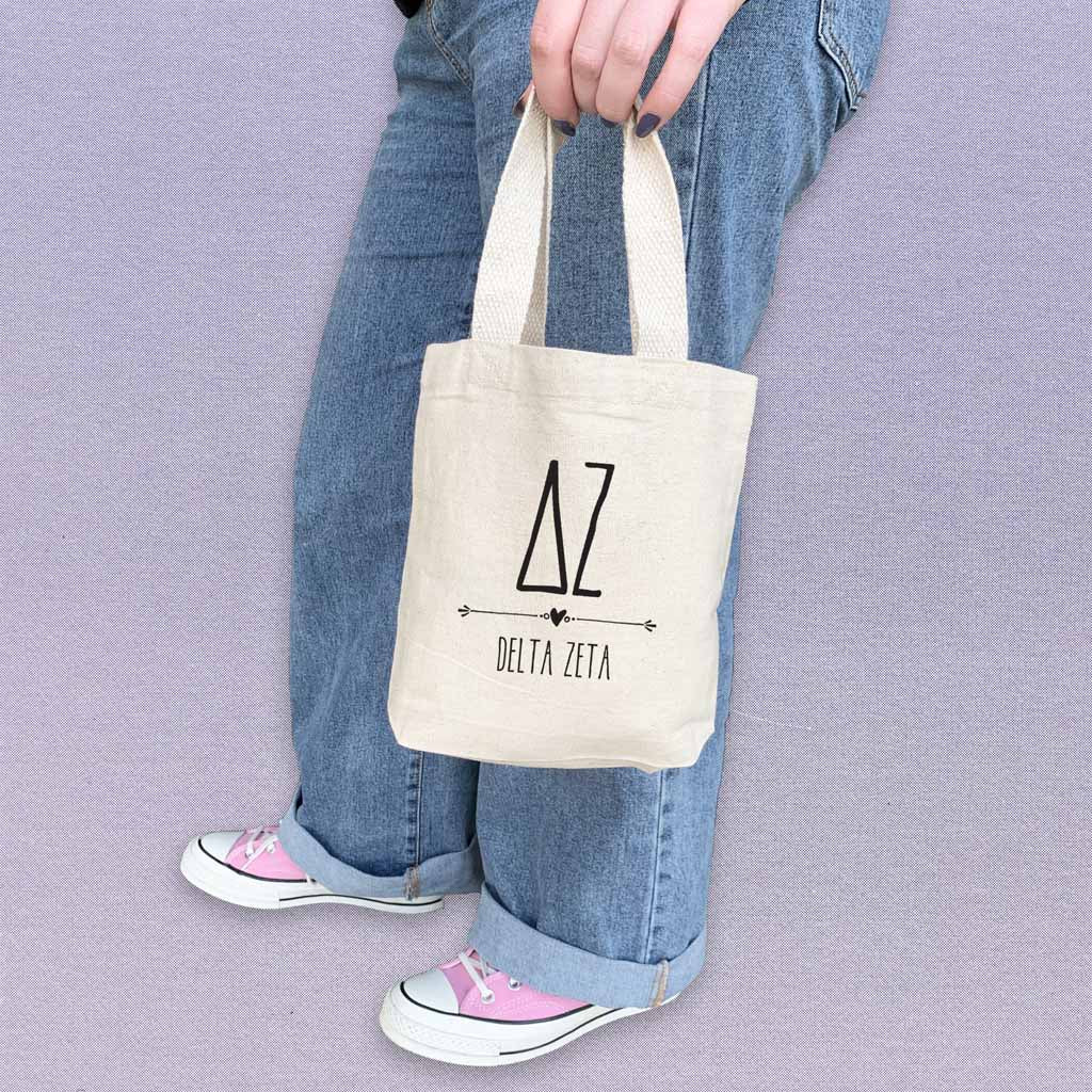 Delta Zeta sorority name boho design digitally printed on the perfect mini size natural canvas tote bag