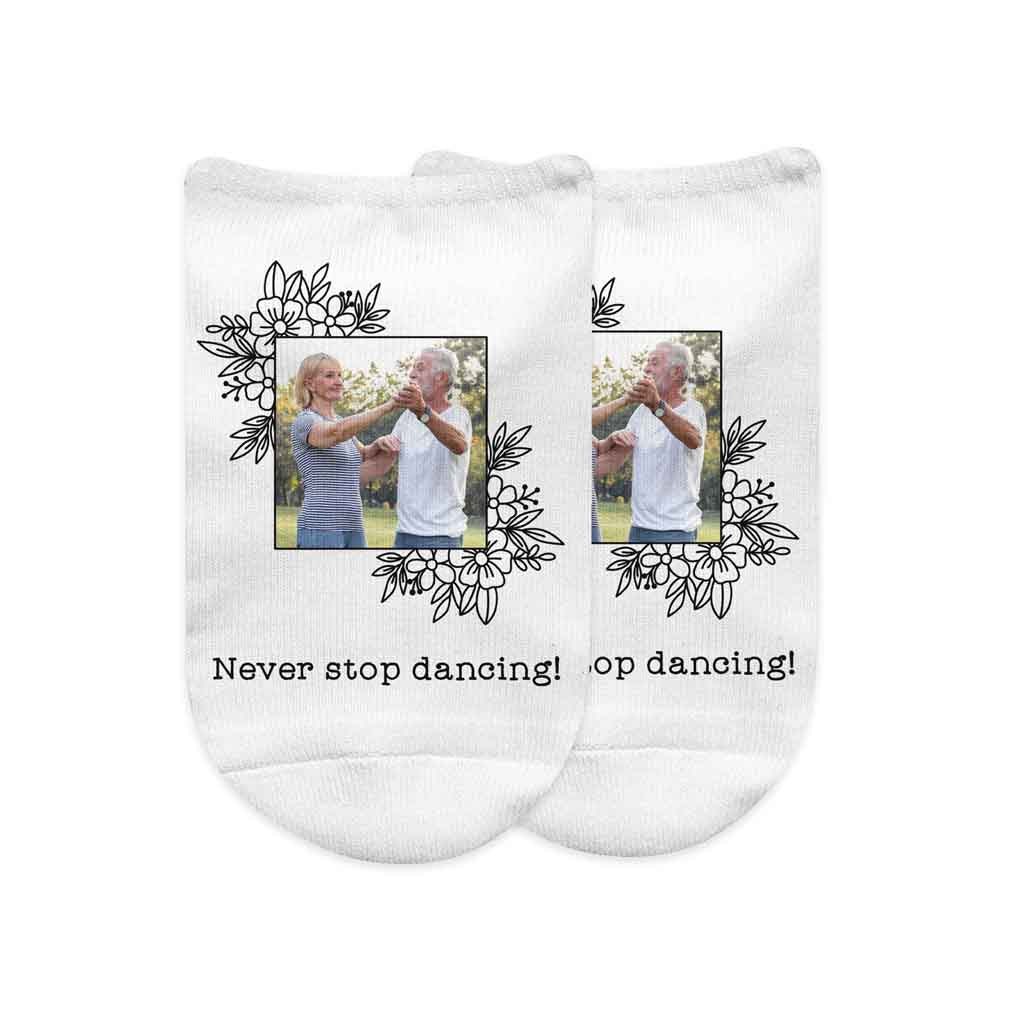 Your photo and text custom printed with floral frame design on white cotton no show socks.