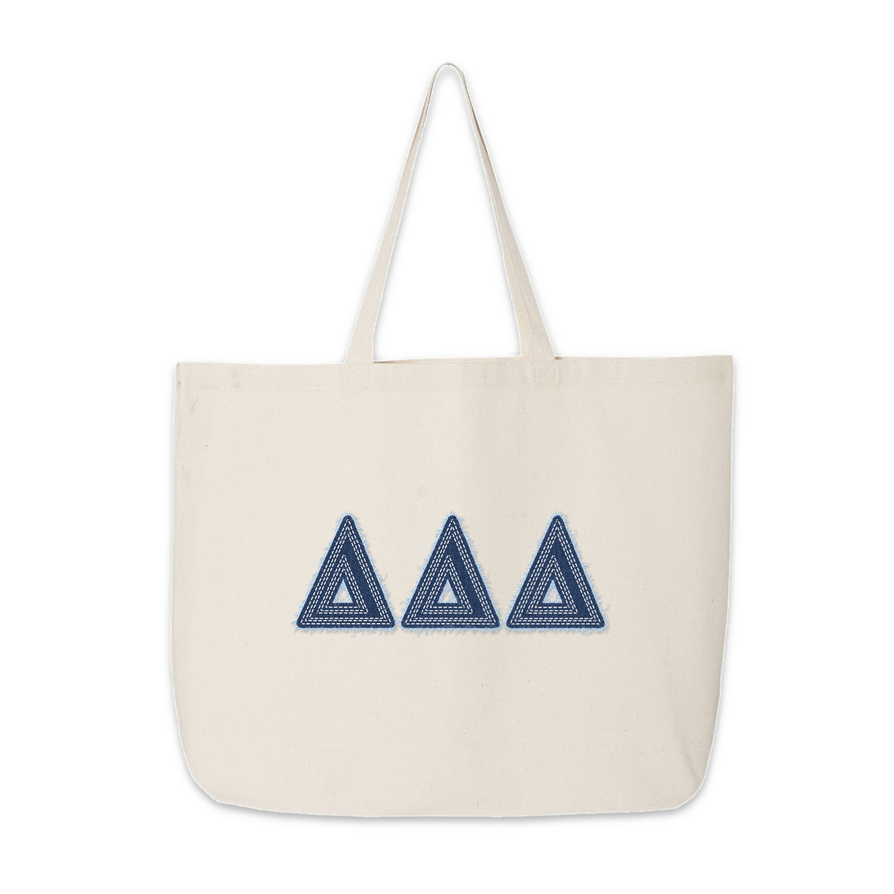 Product-only image of Delta Delta Delta tote with bold denim Greek lettering.