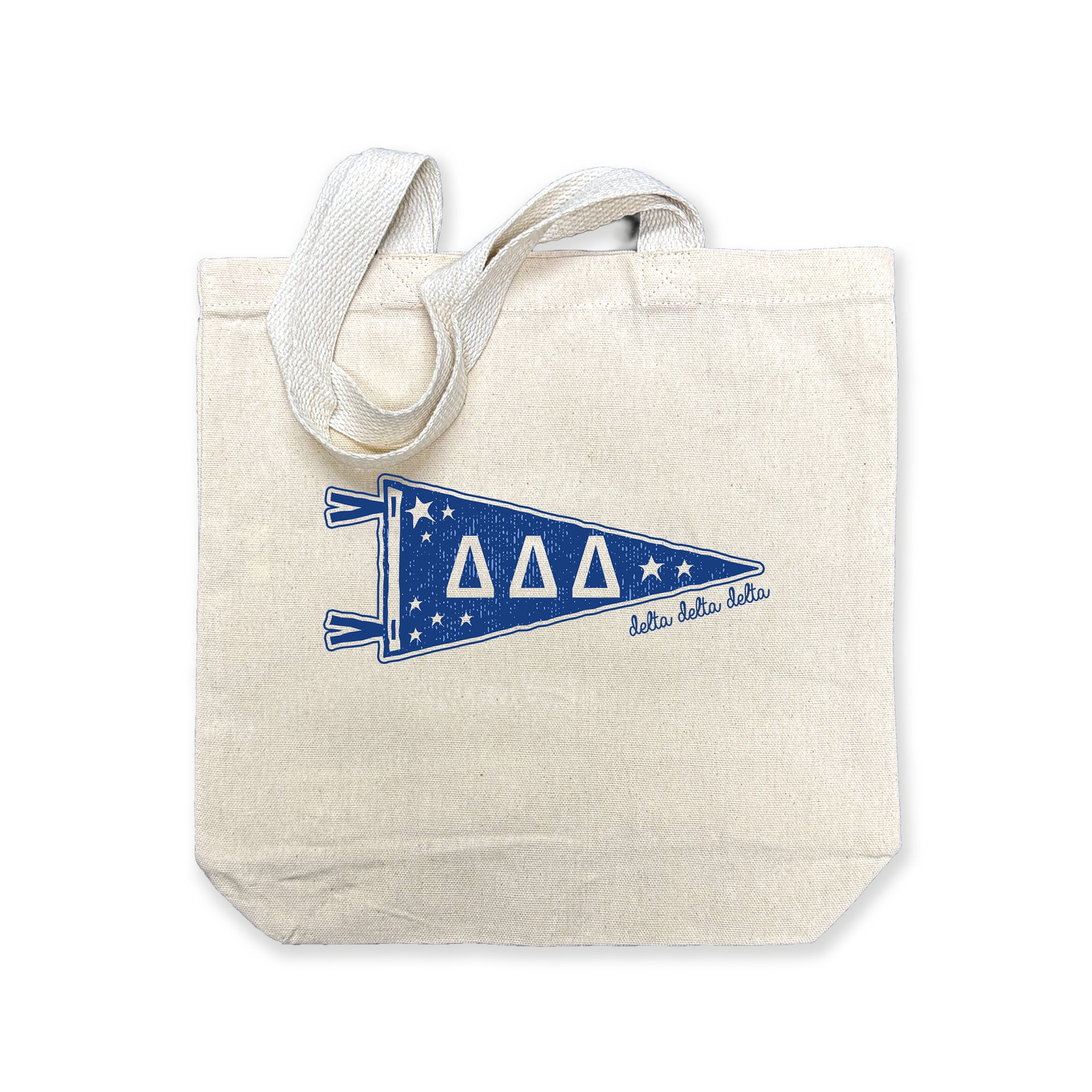 Delta Delta Delta collegiate pennant medium size canvas tote bag featuring Tri Delta Greek letters on a white background