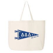Delta Delta Delta collegiate pennant large canvas tote bag featuring Tri Delta Greek letters on a white background
