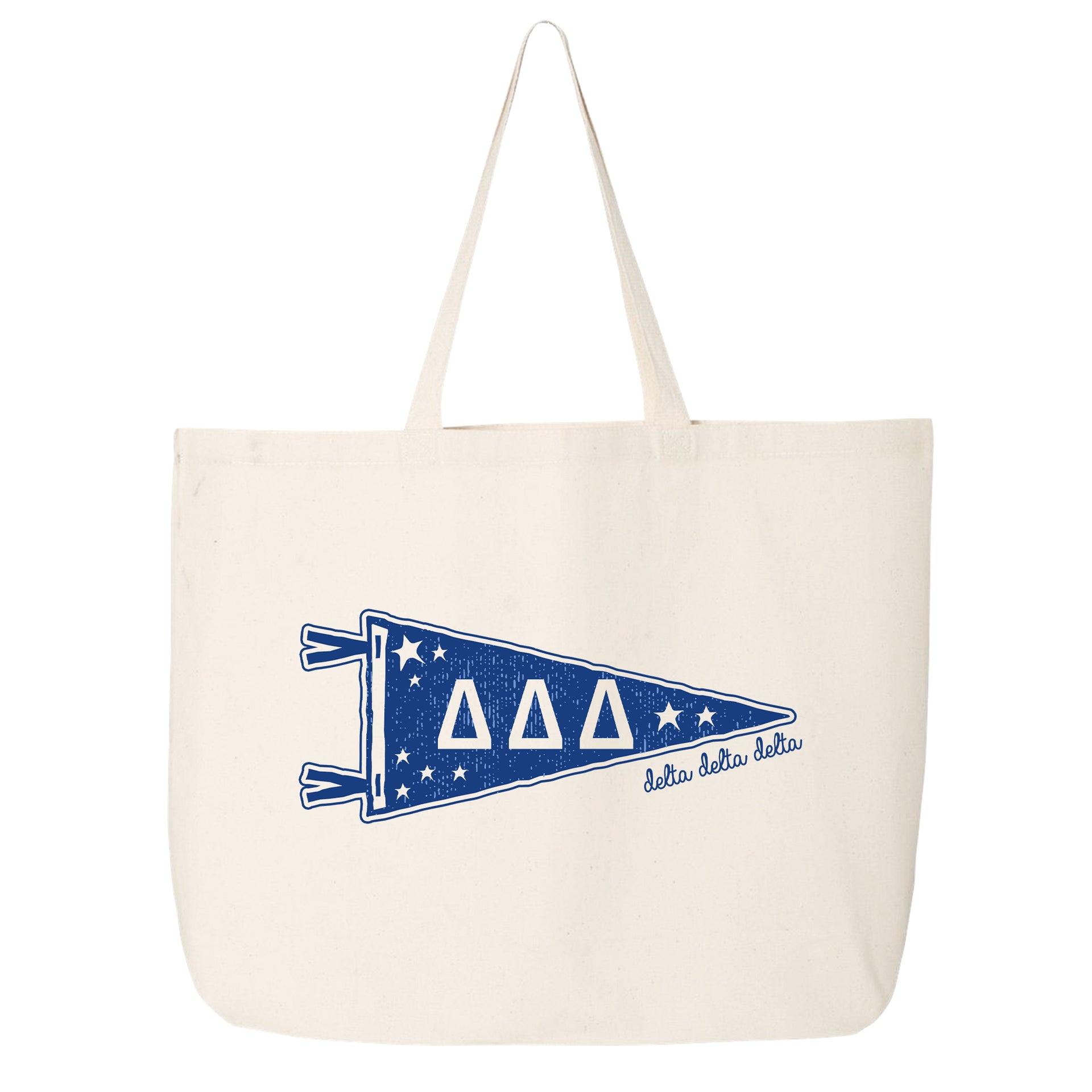 Delta Delta Delta collegiate pennant large canvas tote bag featuring Tri Delta Greek letters on a white background