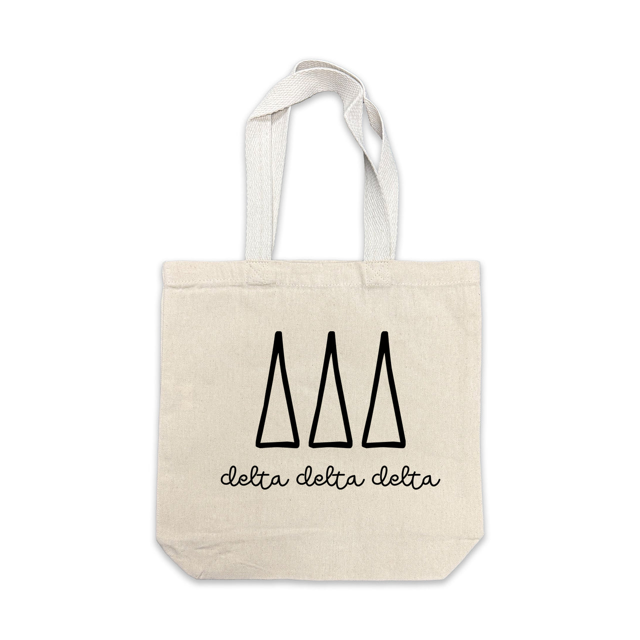 Delta Delta Delta small canvas tote bag featuring striped Delta Delta Delta Greek letters on a white background