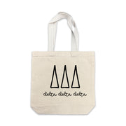 Delta Delta Delta small canvas tote bag featuring striped Delta Delta Delta Greek letters on a white background