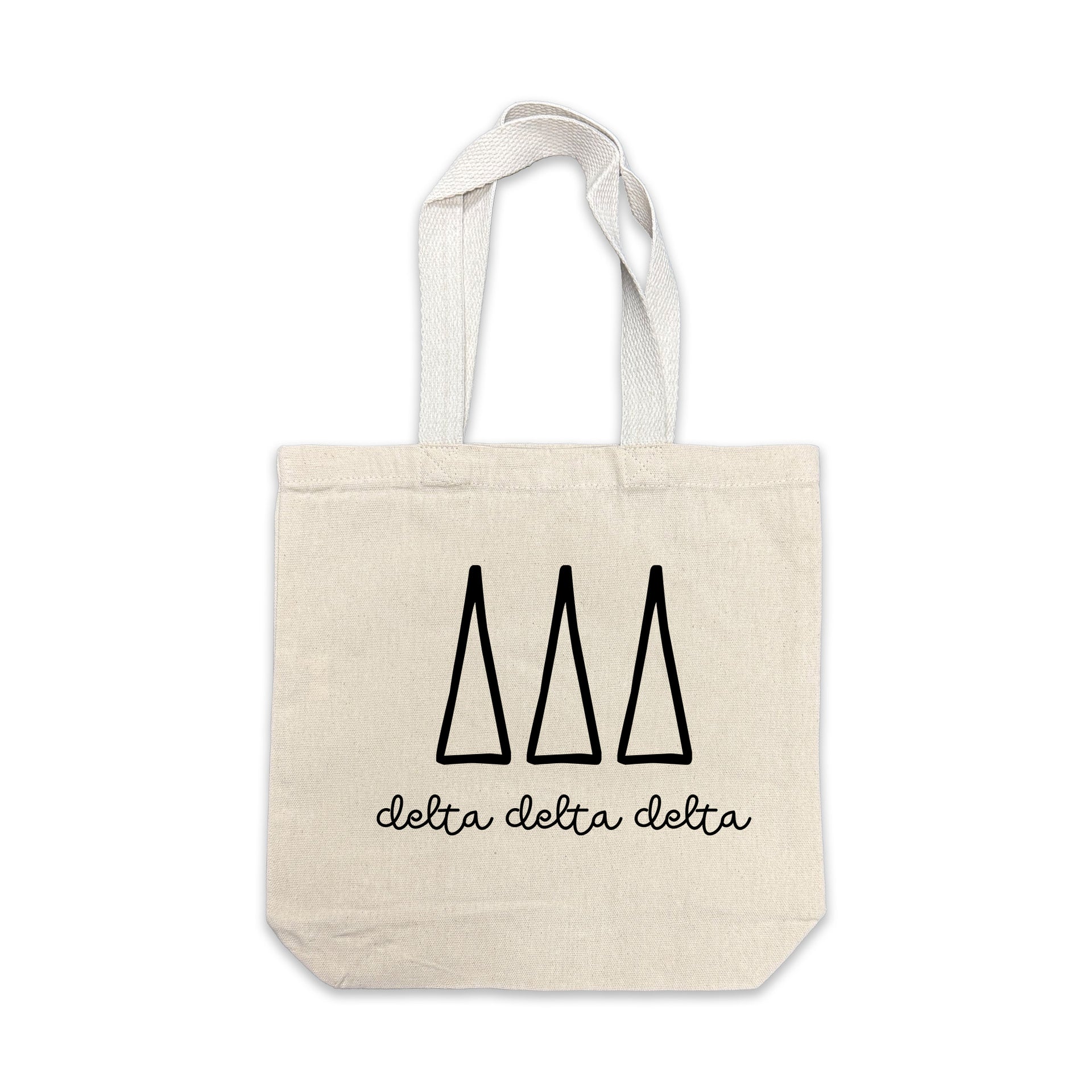 Delta Delta Delta small canvas tote bag featuring striped Delta Delta Delta Greek letters on a white background