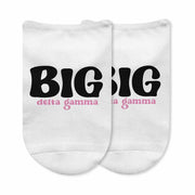 Delta Gamma sorority name big and little design custom printed on comfy white cotton no show socks.