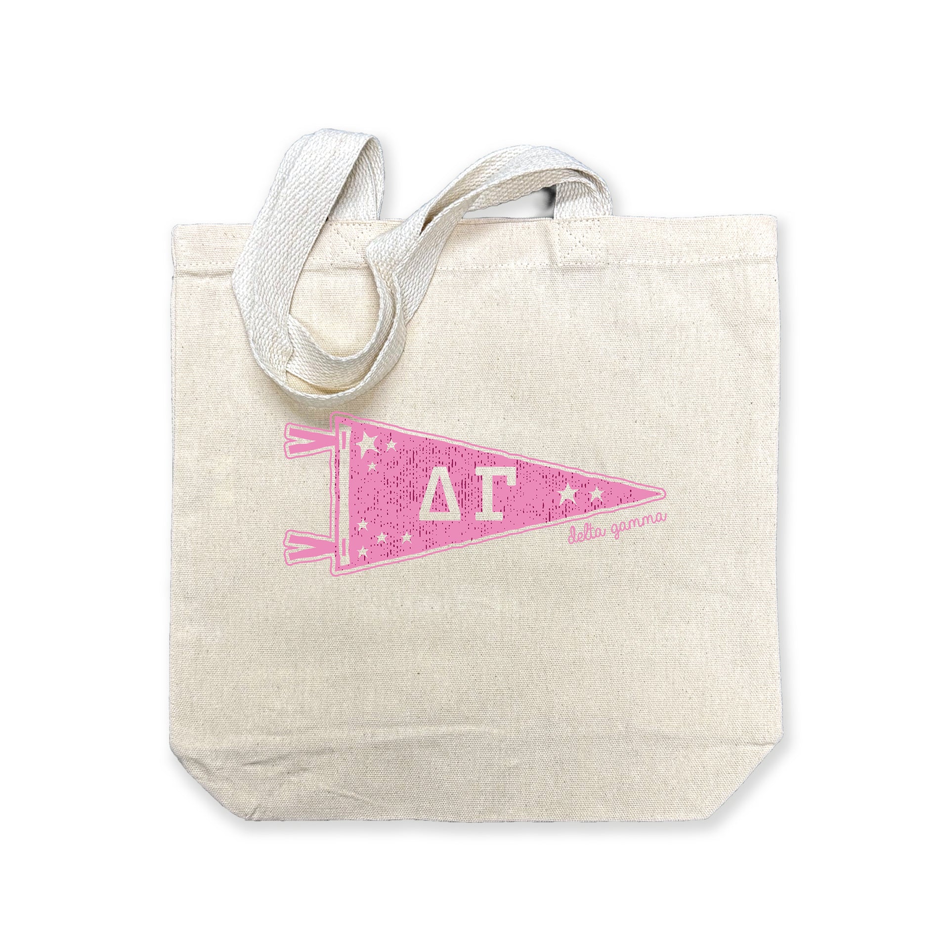Delta Gamma collegiate pennant medium size canvas tote bag featuring Delta Gamma Greek letters on a white background