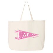 Delta Gamma collegiate pennant large canvas tote bag featuring Delta Gamma Greek letters on a white background