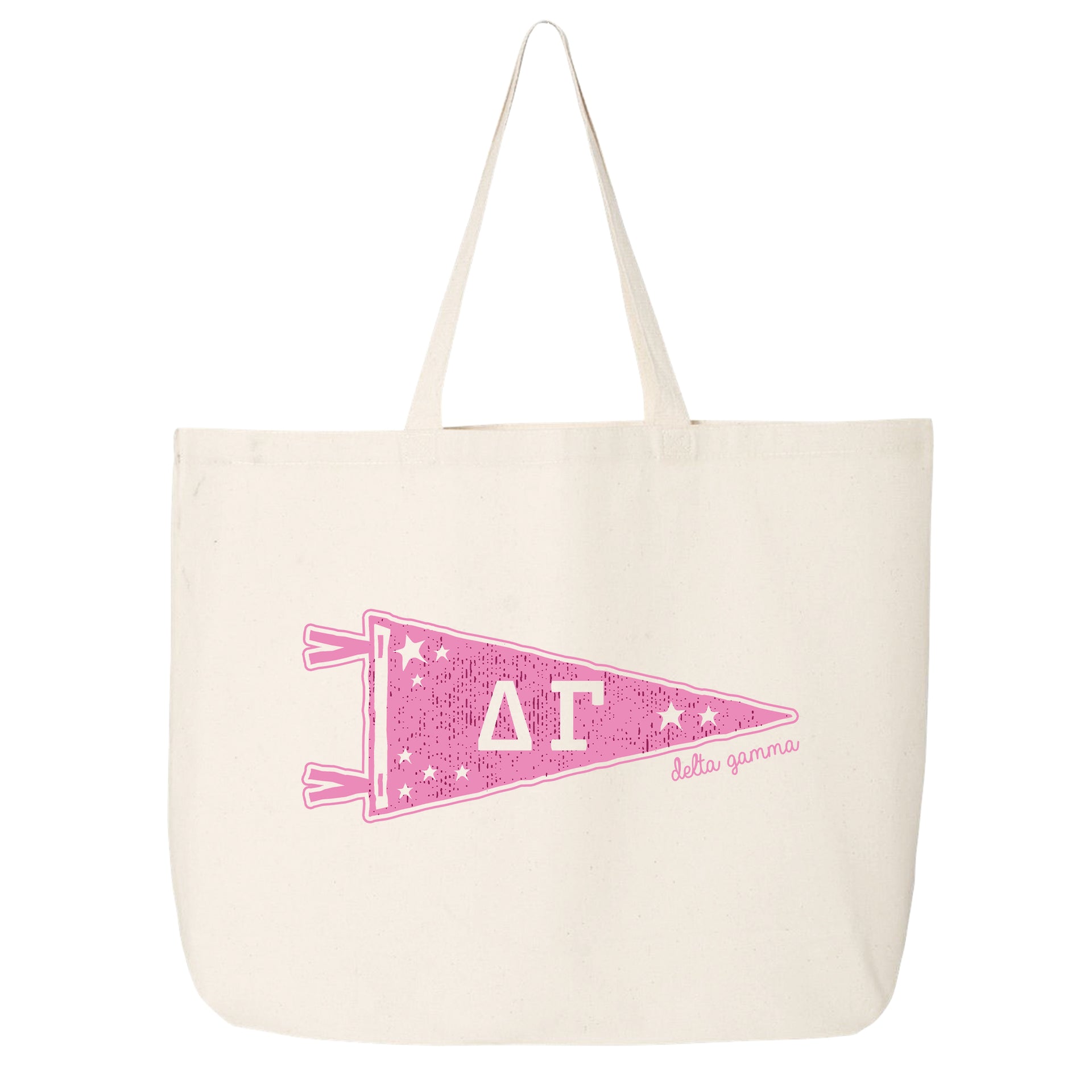 Delta Gamma collegiate pennant large canvas tote bag featuring Delta Gamma Greek letters on a white background