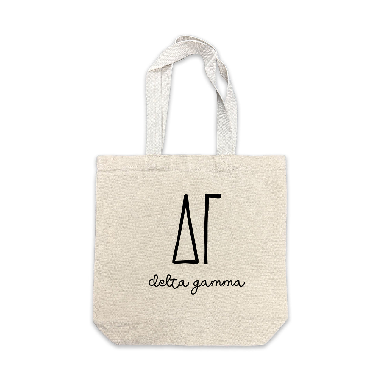 Delta Gamma small canvas tote bag featuring striped Delta Gamma Greek letters on a white background