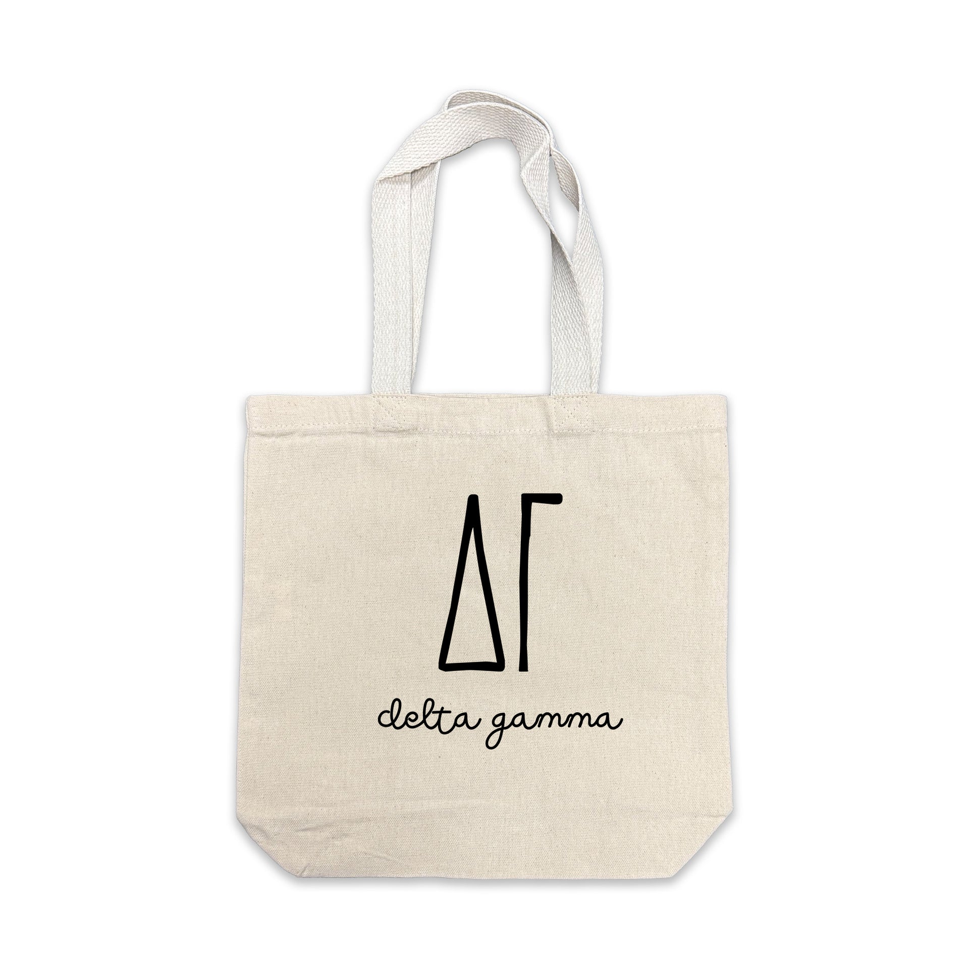 Delta Gamma small canvas tote bag featuring striped Delta Gamma Greek letters on a white background