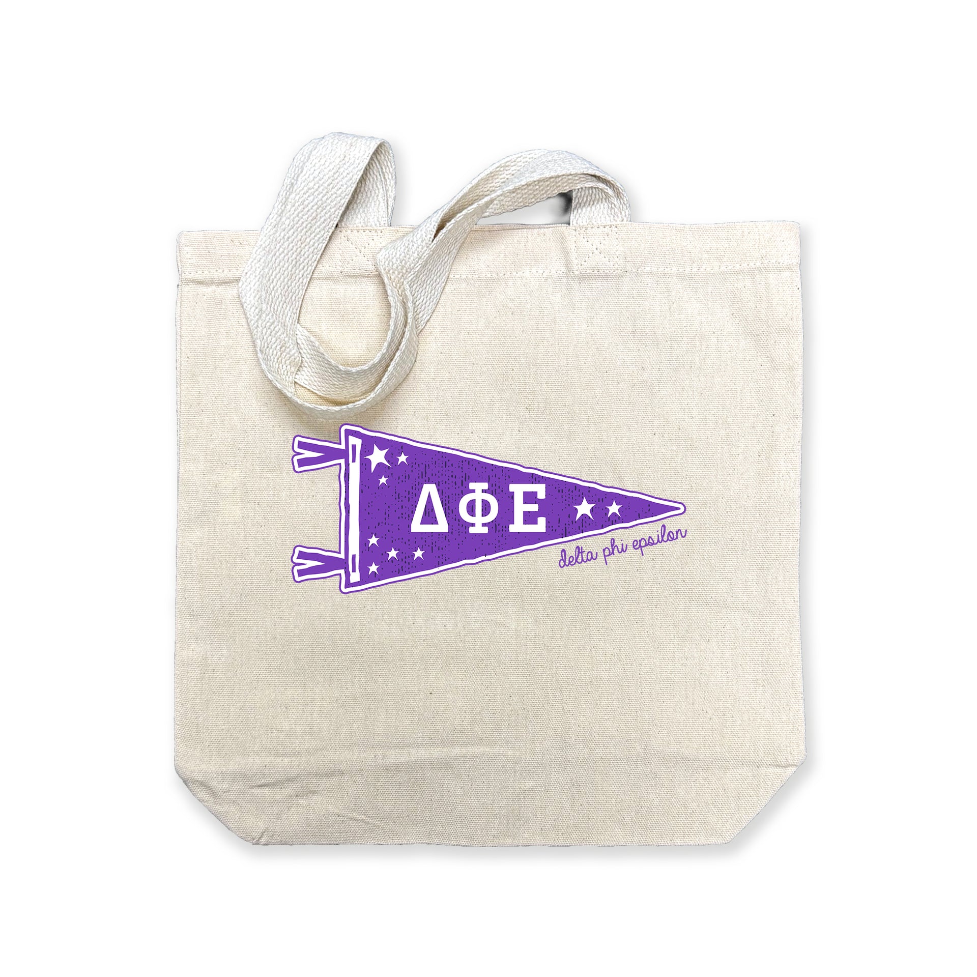 Delta Phi Epsilon collegiate pennant medium size canvas tote bag featuring DPhiE Greek letters on a white background
