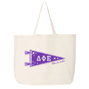 Delta Phi Epsilon collegiate pennant large canvas tote bag featuring DPhiE Greek letters on a white background