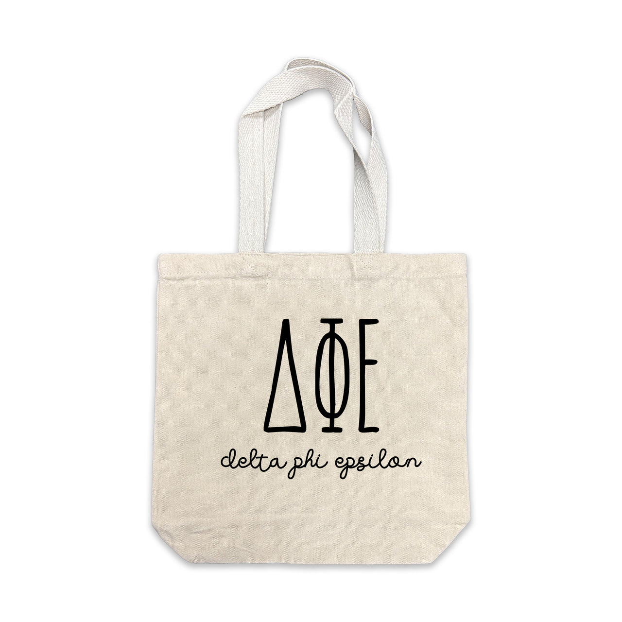 Delta Phi Epsilon small canvas tote bag featuring striped Delta Phi Epsilon Greek letters on a white background