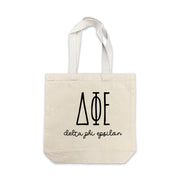 Delta Phi Epsilon small canvas tote bag featuring striped Delta Phi Epsilon Greek letters on a white background