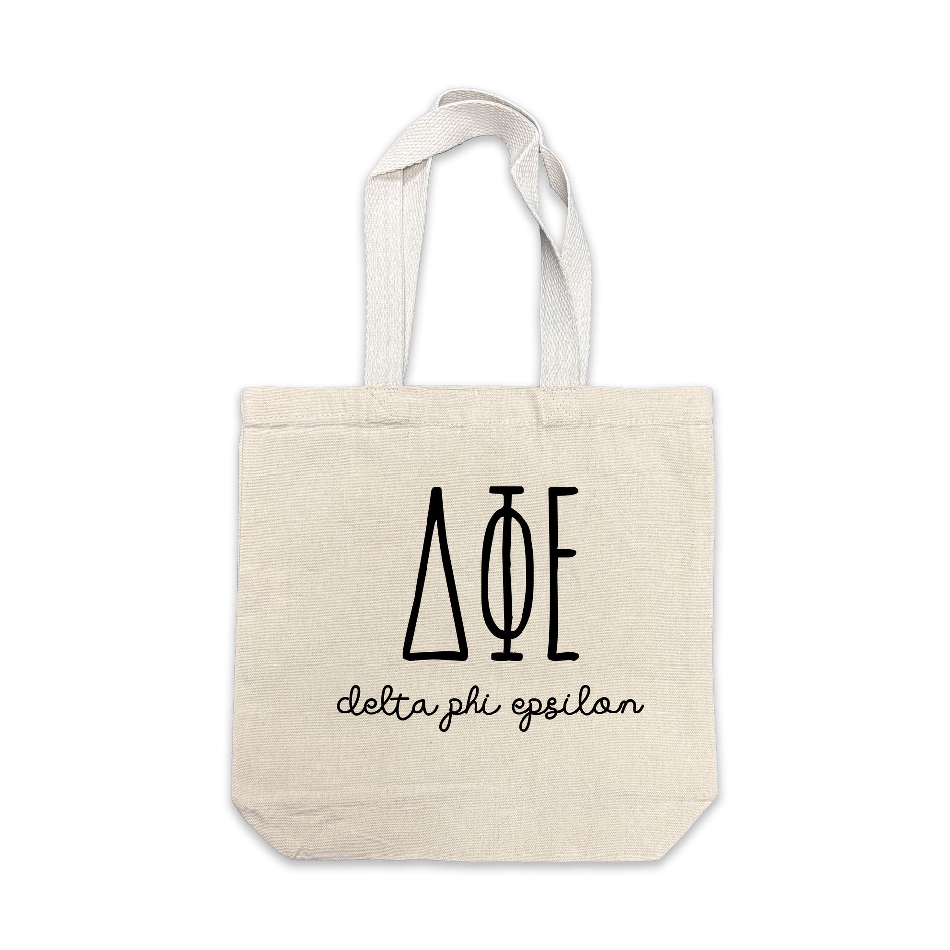 Delta Phi Epsilon small canvas tote bag featuring striped Delta Phi Epsilon Greek letters on a white background