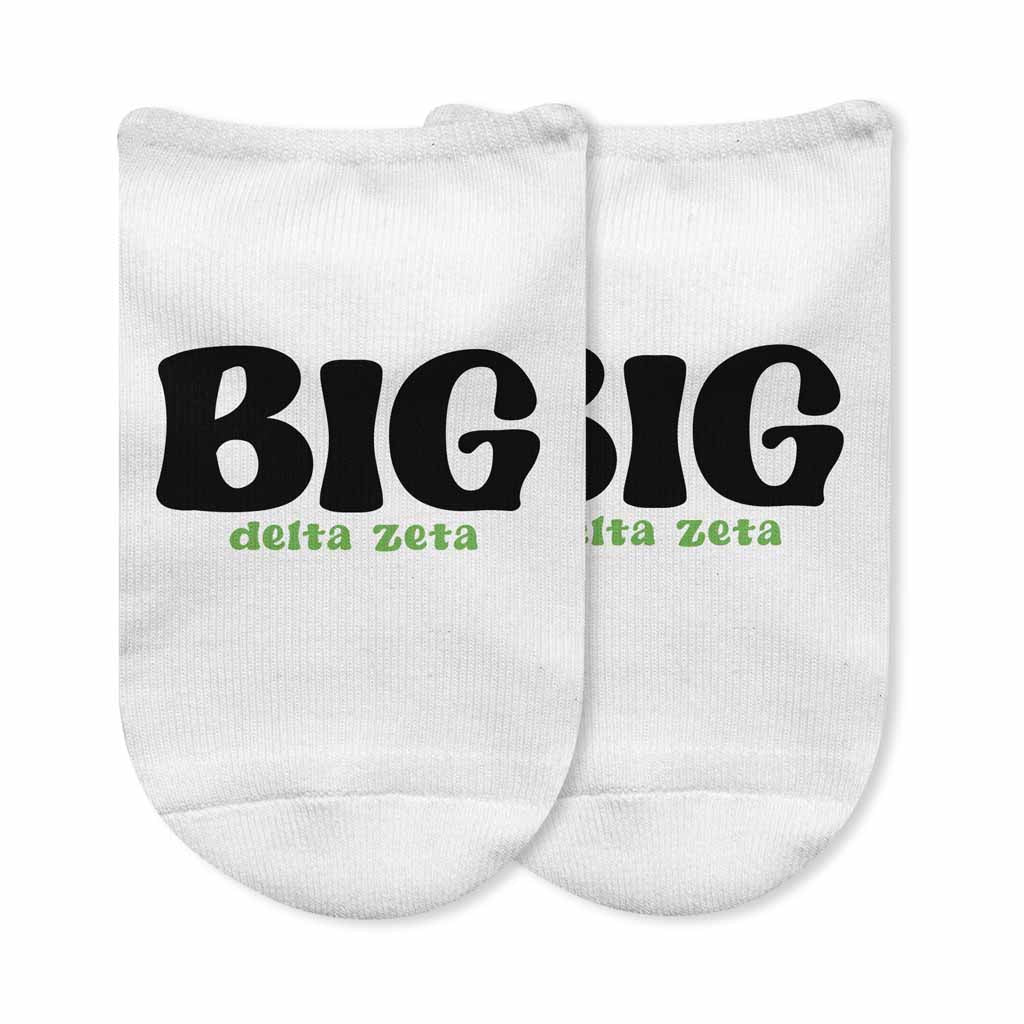 Delta Zeta big and little design custom printed on the top of comfy white cotton no show socks.