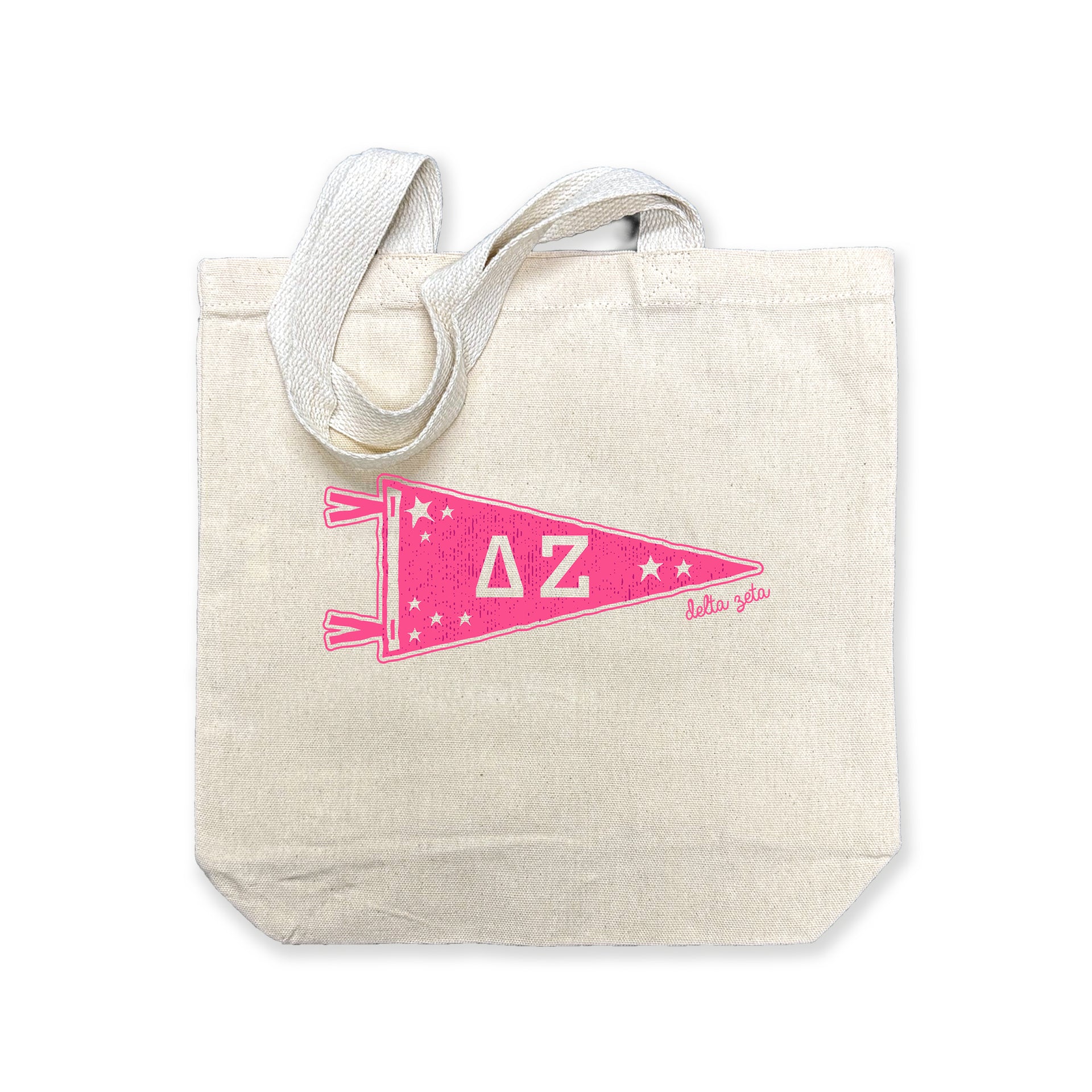 Delta Zeta collegiate pennant medium size canvas tote bag featuring Delta Zeta Greek letters on a white background