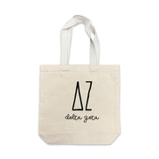Delta Zeta small canvas tote bag featuring striped Delta Zeta Greek letters on a white background