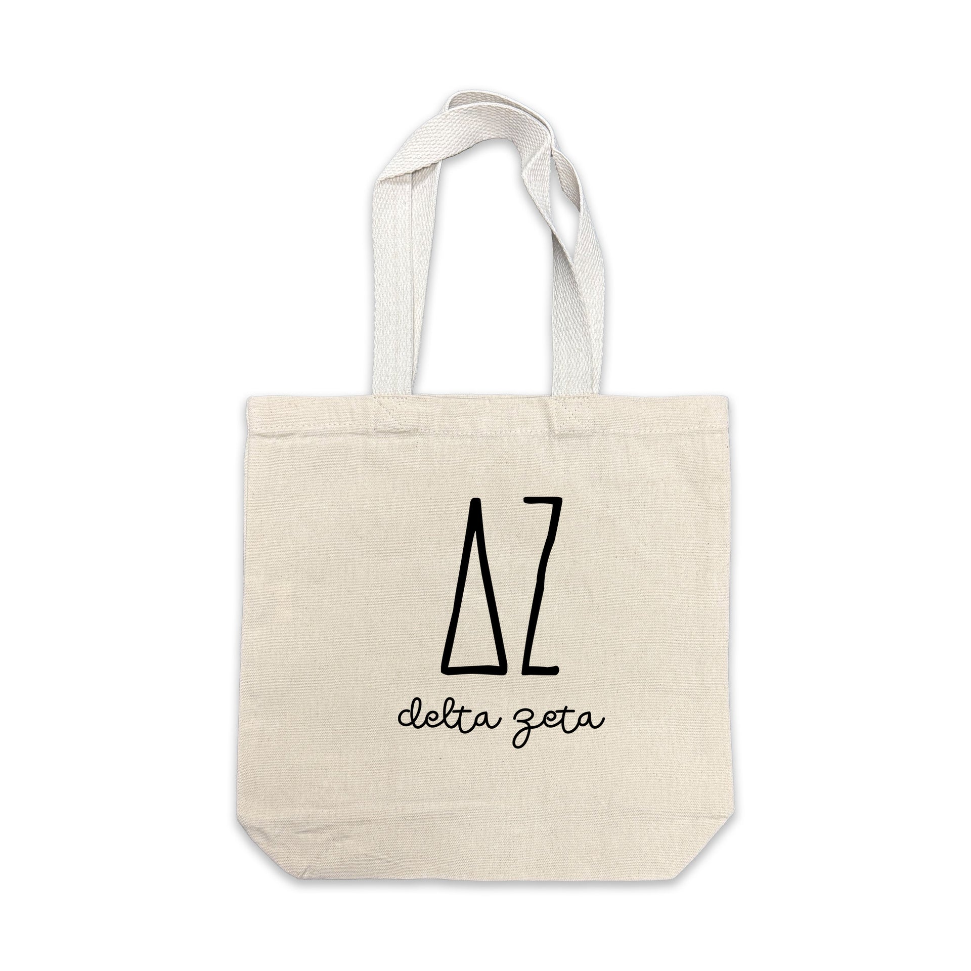 Delta Zeta small canvas tote bag featuring striped Delta Zeta Greek letters on a white background