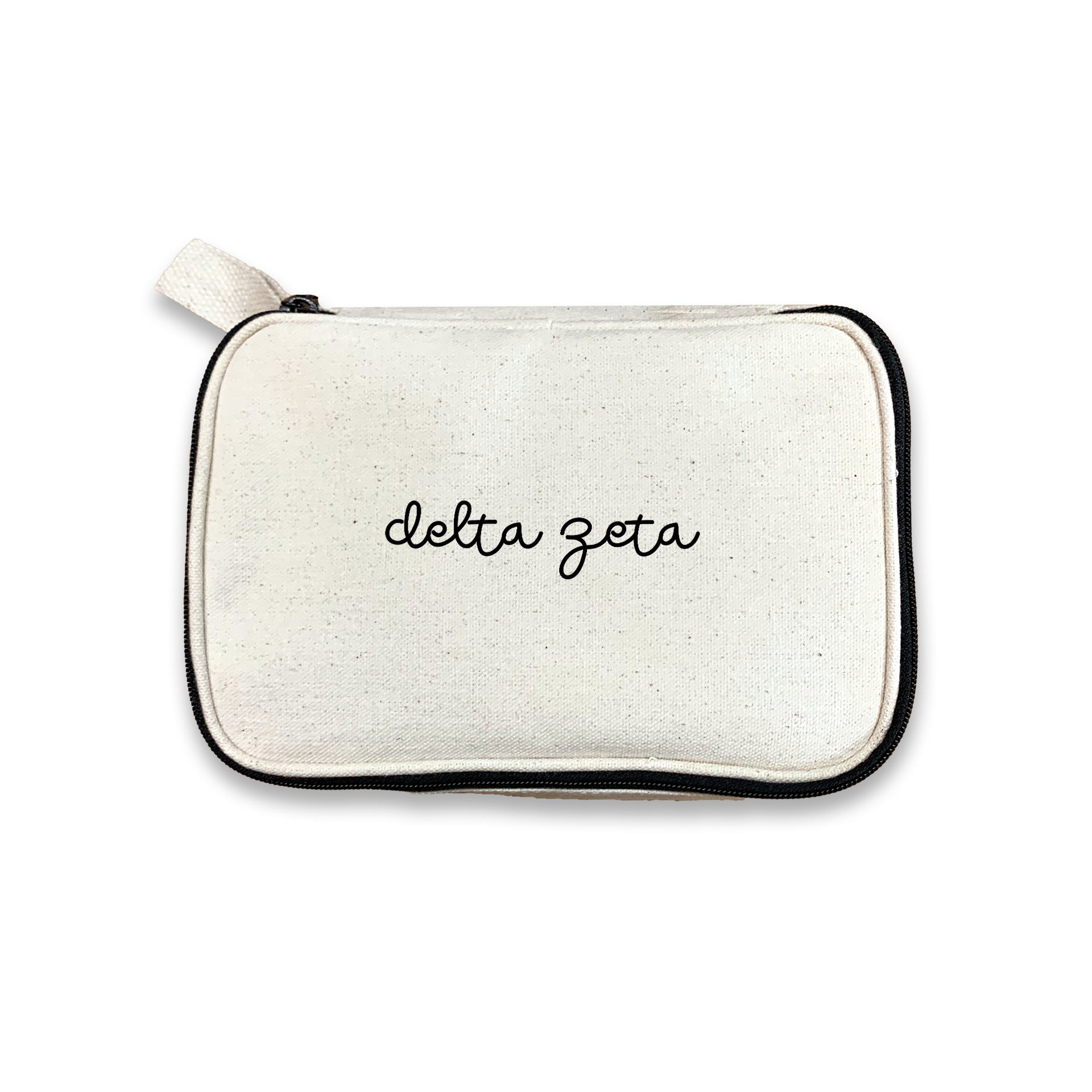 Delta Zeta Sorority Script Name Cosmetic Make Up Bag displayed on white background
