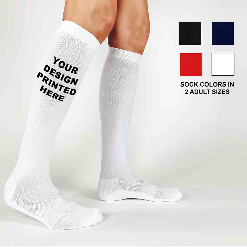 Solid color sport knee-high socks shown in white with a custom printed design; also available in black, navy, and red—perfect for teams, events, or personalized gifts.