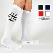 Solid color sport knee-high socks shown in white with a custom printed design; also available in black, navy, and red—perfect for teams, events, or personalized gifts.