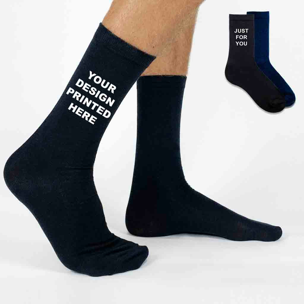Personalized men’s flat knit dress socks in size medium. Available in black and ideal for custom logos, names, or messages—only at sockprints.com.
