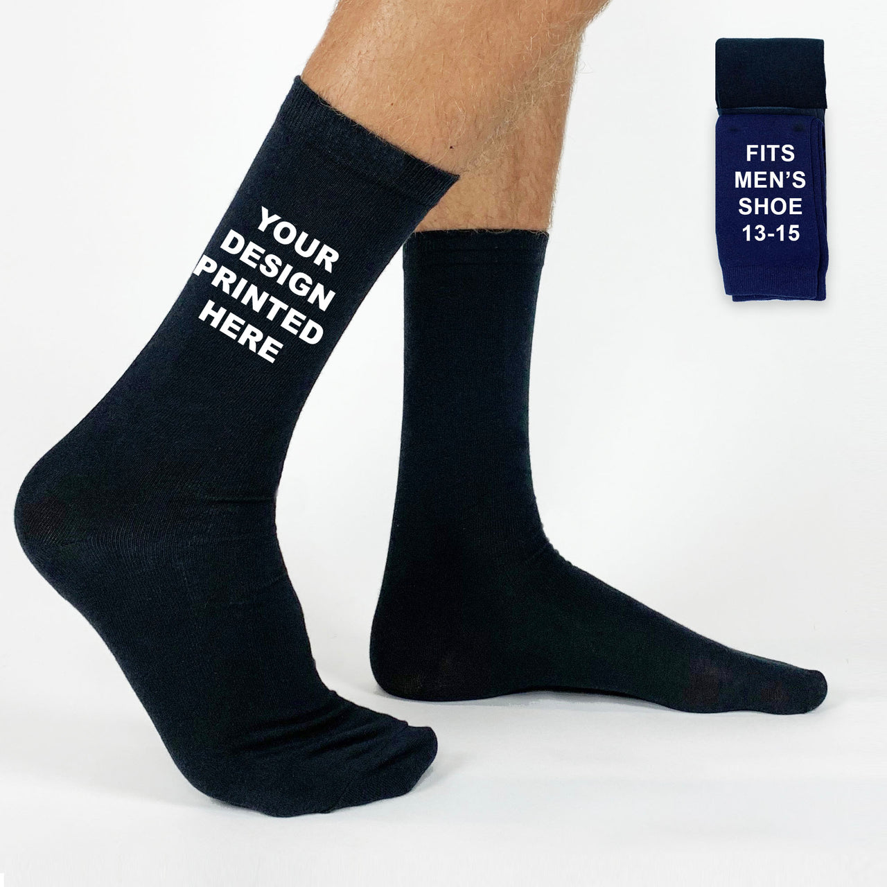 Custom printed men’s dress socks in size x-large, extended size men's shoe size 13-15. Aailable in black—perfect for adding personalized text, logos, or designs on sockprints.com.
