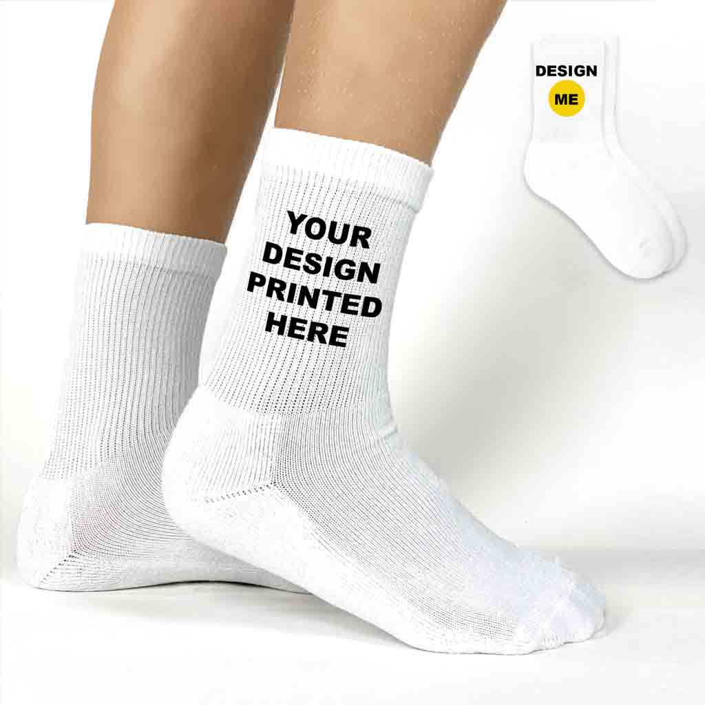 Customizable unisex crew socks in white size small for youth, perfect for adding photos, text, logos, or custom designs—high quality cotton socks available only at sockprints.com.